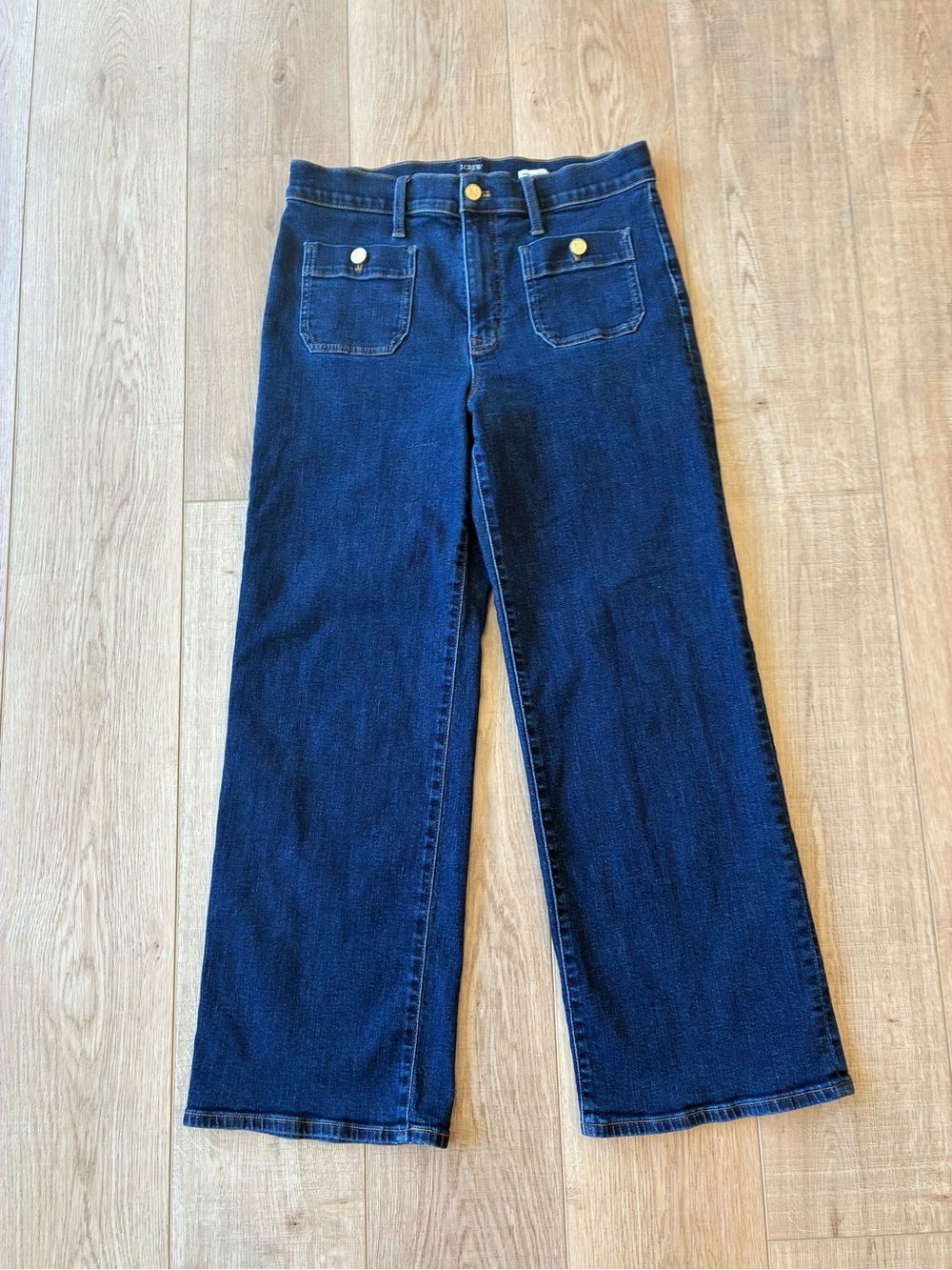 J Crew Wide Leg Dark Blue Jeans Sailor style front pockets brass buttons 30